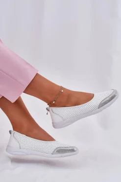 Skórzane Damskie Ażurowe Baleriny Białe Lucy