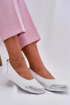 Skórzane Damskie Ażurowe Baleriny Białe Lucy