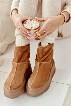 Skórzane Damskie Botki Na Masywnej Podeszwie Camel Zazoo 3424