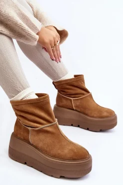 Skórzane Damskie Botki Na Masywnej Podeszwie Camel Zazoo 3424