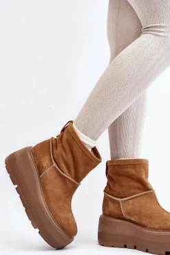 Skórzane Damskie Botki Na Masywnej Podeszwie Camel Zazoo 3424