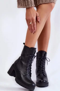 Skórzane Damskie Botki Na Obcasie Czarne Lemar Rea