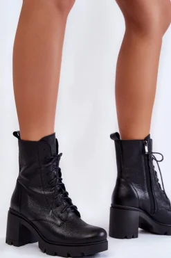 Skórzane Damskie Botki Na Obcasie Czarne Lemar Rea