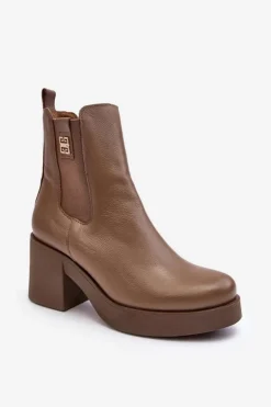 Skórzane Damskie Botki Na Obcasie Lemar Brązowe Kodra