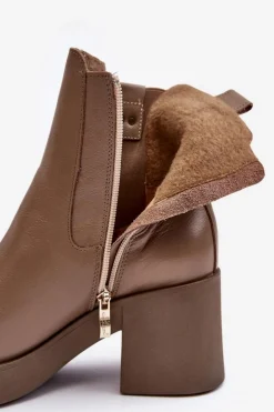 Skórzane Damskie Botki Na Obcasie Lemar Brązowe Kodra