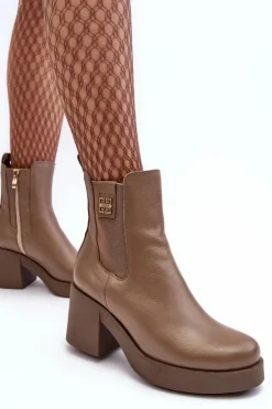 Skórzane Damskie Botki Na Obcasie Lemar Brązowe Kodra