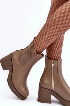 Skórzane Damskie Botki Na Obcasie Lemar Brązowe Kodra