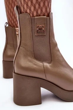 Skórzane Damskie Botki Na Obcasie Lemar Brązowe Kodra