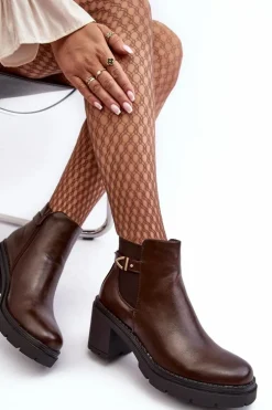 Skórzane Damskie Botki Na Masywnym Słupku Brązowe Belinda