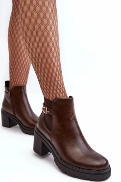 Skórzane Damskie Botki Na Masywnym Słupku Brązowe Belinda