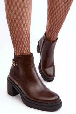 Skórzane Damskie Botki Na Masywnym Słupku Brązowe Belinda