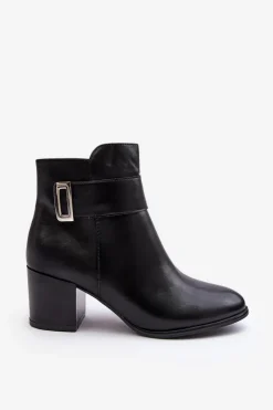 Skórzane Damskie Botki Na Słupku Czarne Starines