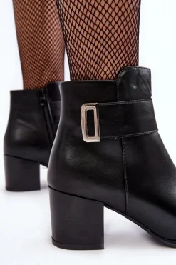 Skórzane Damskie Botki Na Słupku Czarne Starines