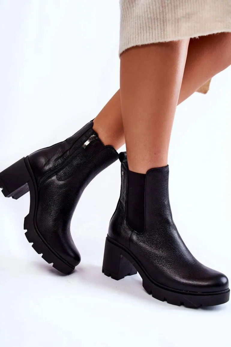 Skórzane Damskie Botki Na Platformie Czarne Martine