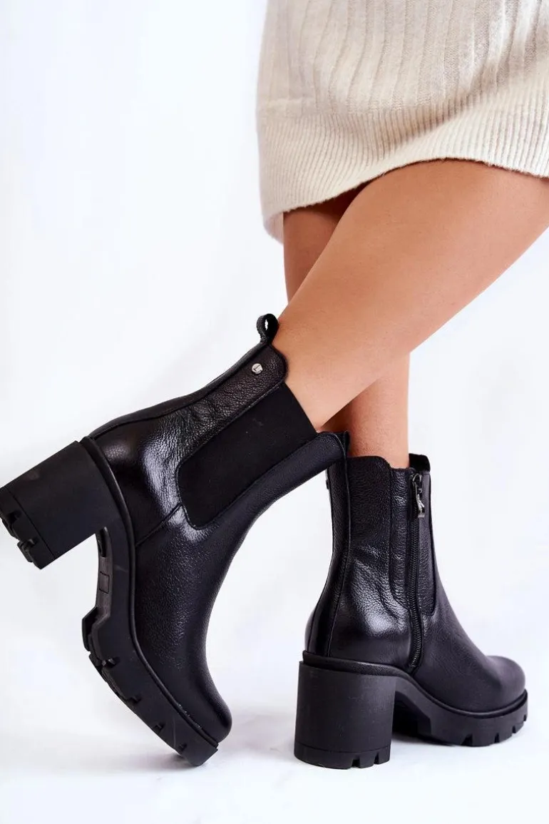 Skórzane Damskie Botki Na Platformie Czarne Martine