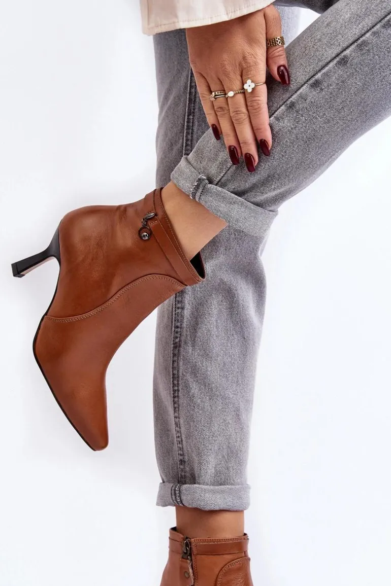 Skórzane Damskie Botki Na Szpilce Maciejka 06301-29 Brązowe