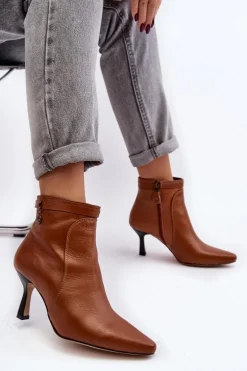 Skórzane Damskie Botki Na Szpilce Maciejka 06301-29 Brązowe