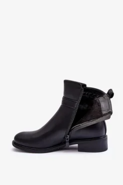 Skórzane Damskie Botki Na Płaskim Obcasie Czarne Lucadi