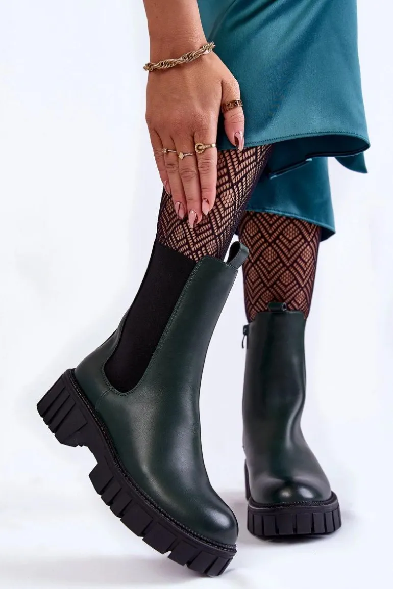 Skórzane Damskie Botki Na Platformie Zielone Bente