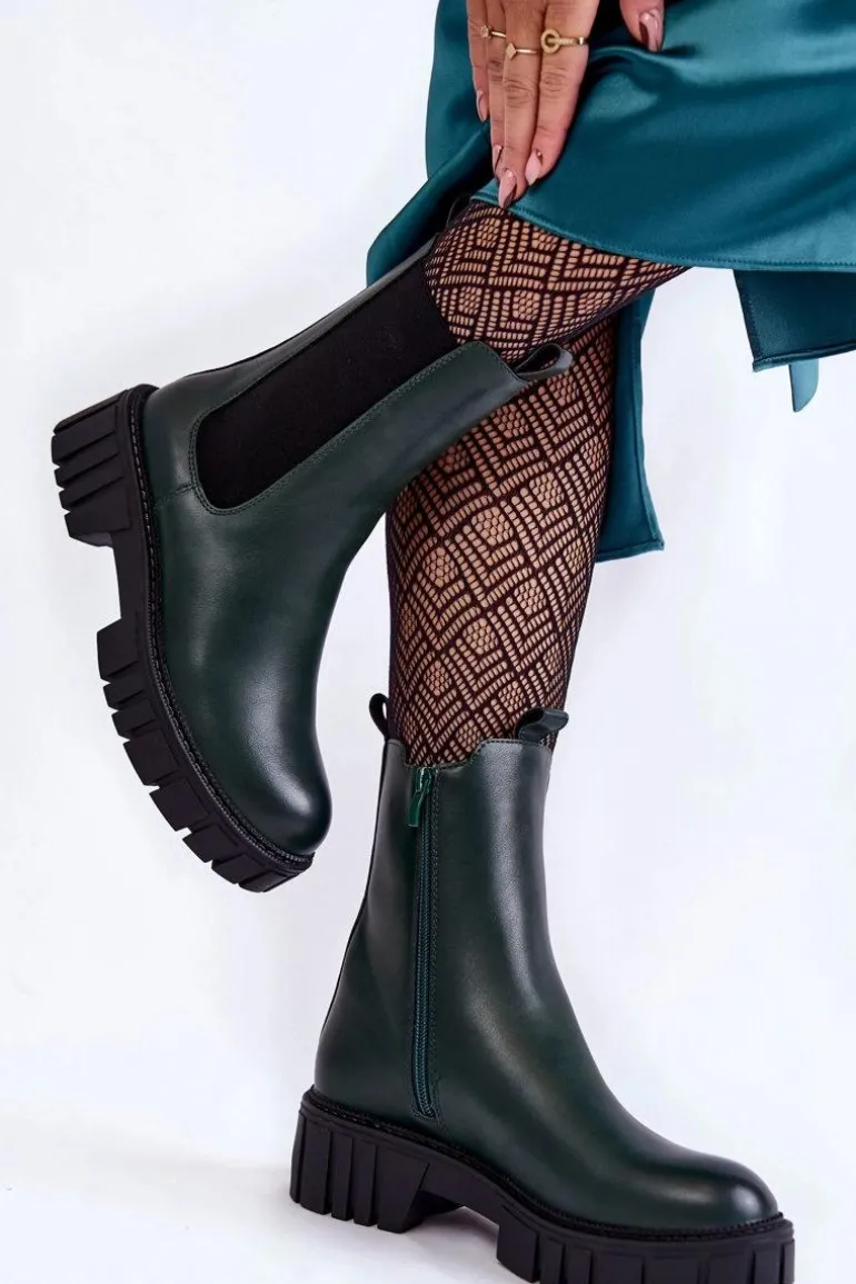 Skórzane Damskie Botki Na Platformie Zielone Bente