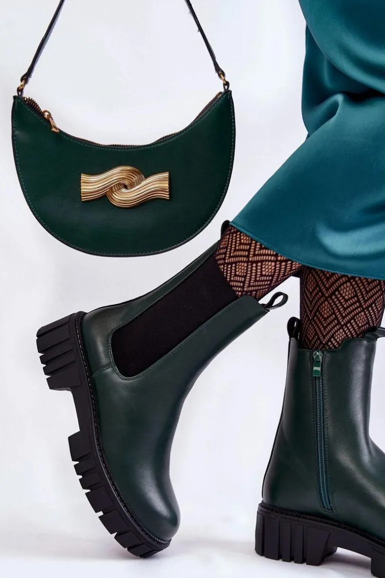 Skórzane Damskie Botki Na Platformie Zielone Bente