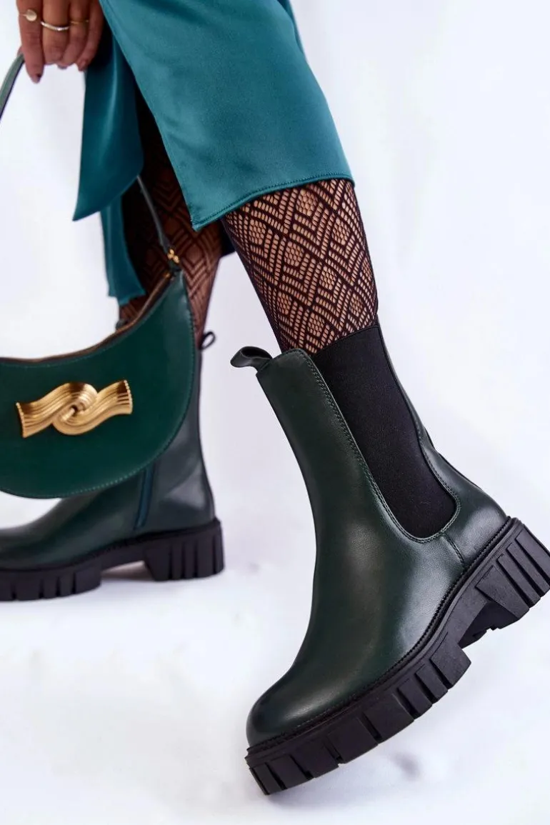 Skórzane Damskie Botki Na Platformie Zielone Bente
