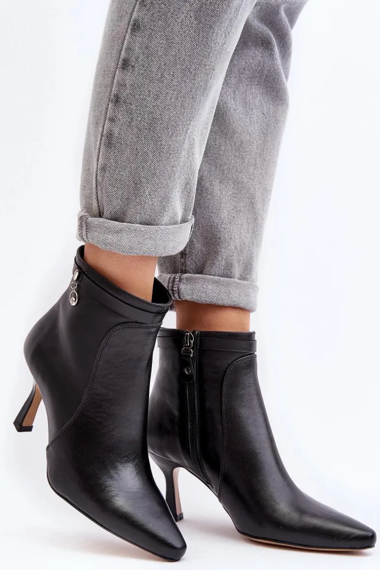 Skórzane Damskie Botki Na Szpilce Maciejka 06301-01 Czarne