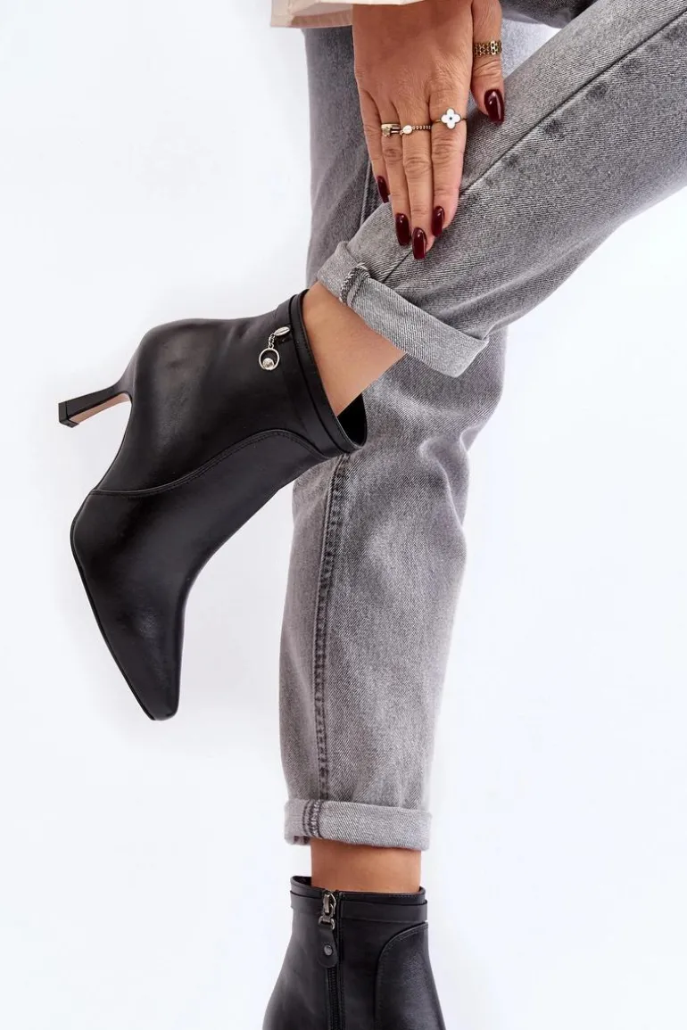 Skórzane Damskie Botki Na Szpilce Maciejka 06301-01 Czarne