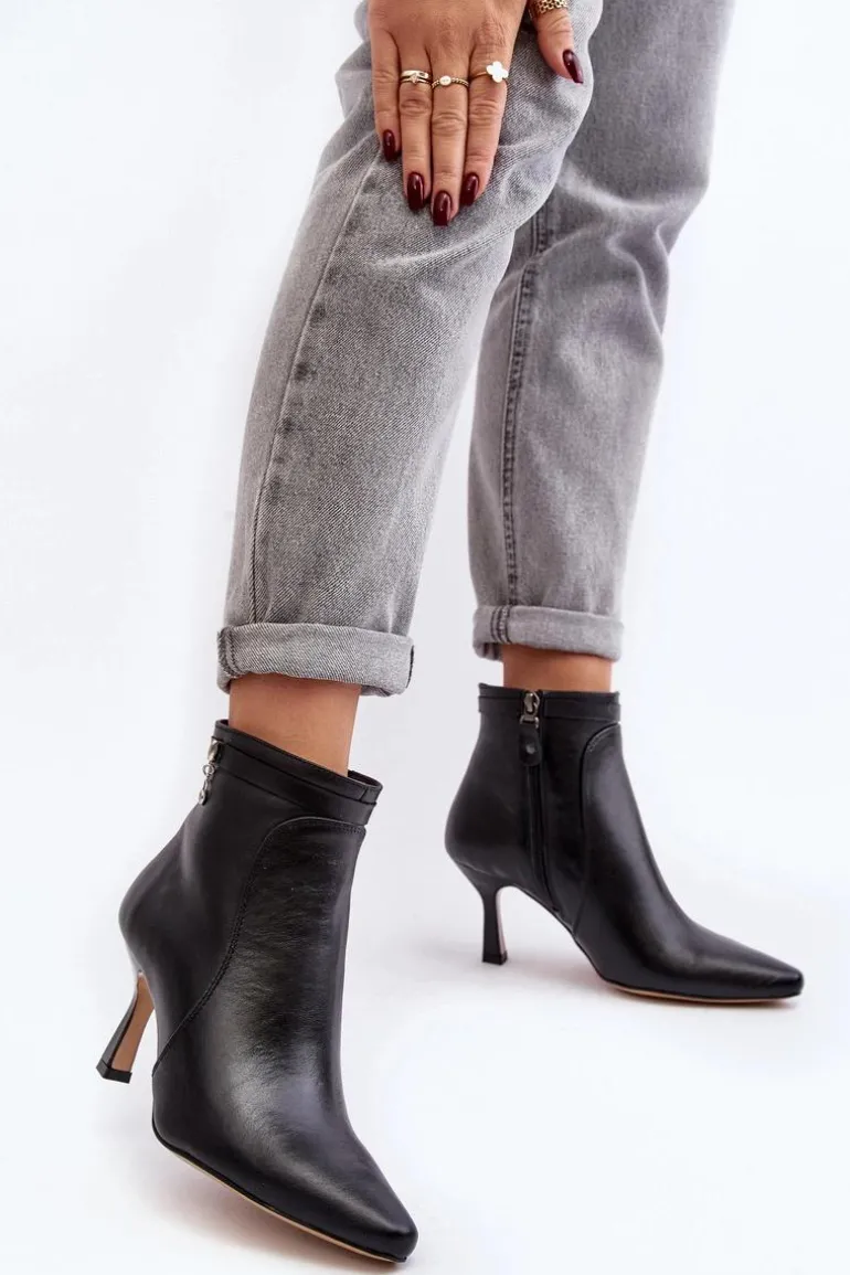 Skórzane Damskie Botki Na Szpilce Maciejka 06301-01 Czarne