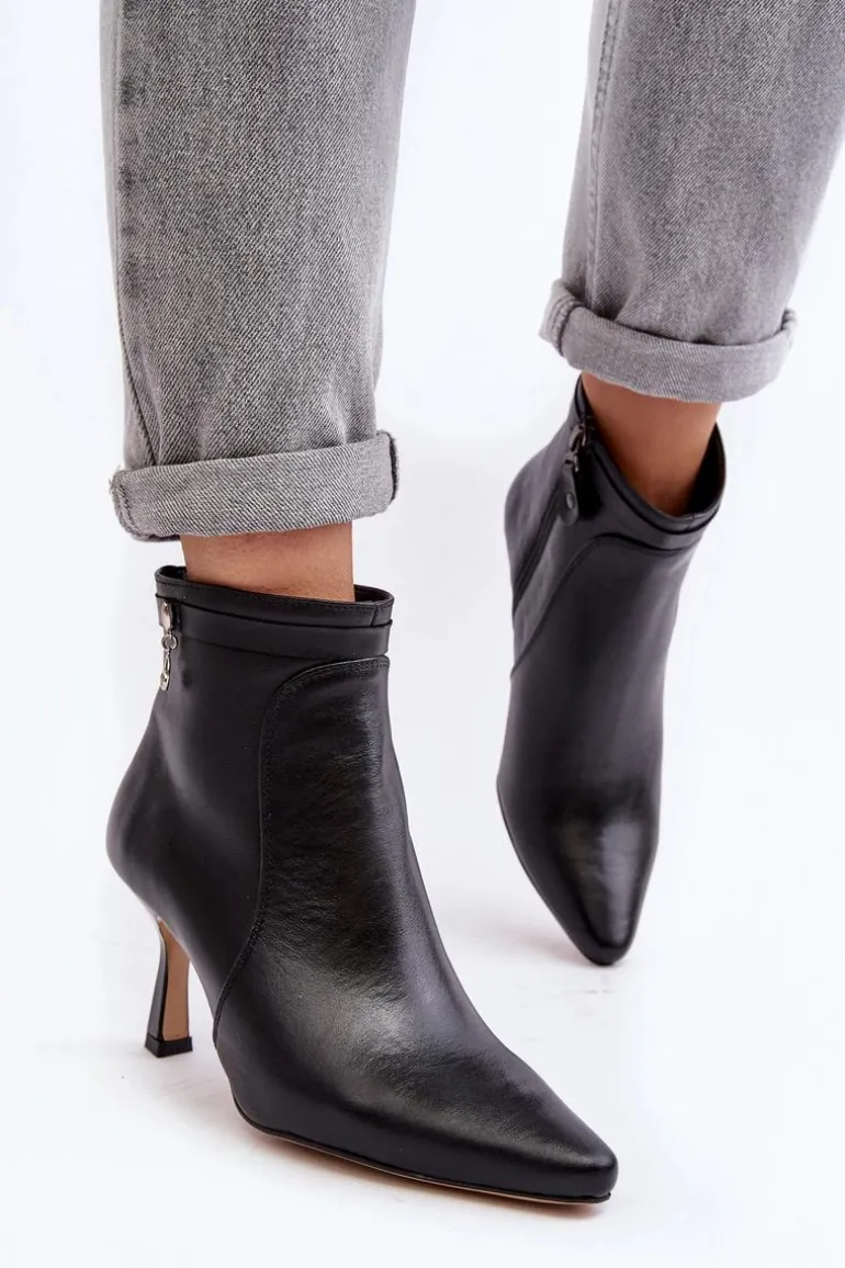 Skórzane Damskie Botki Na Szpilce Maciejka 06301-01 Czarne