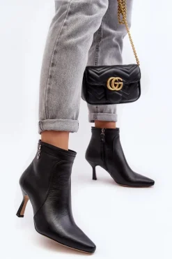 Skórzane Damskie Botki Na Szpilce Maciejka 06301-01 Czarne