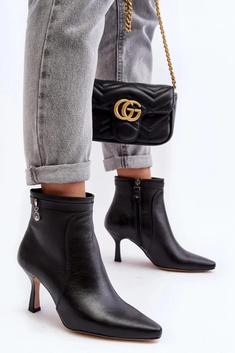 Skórzane Damskie Botki Na Szpilce Maciejka 06301-01 Czarne