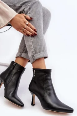 Skórzane Damskie Botki Na Szpilce Maciejka 06301-01 Czarne