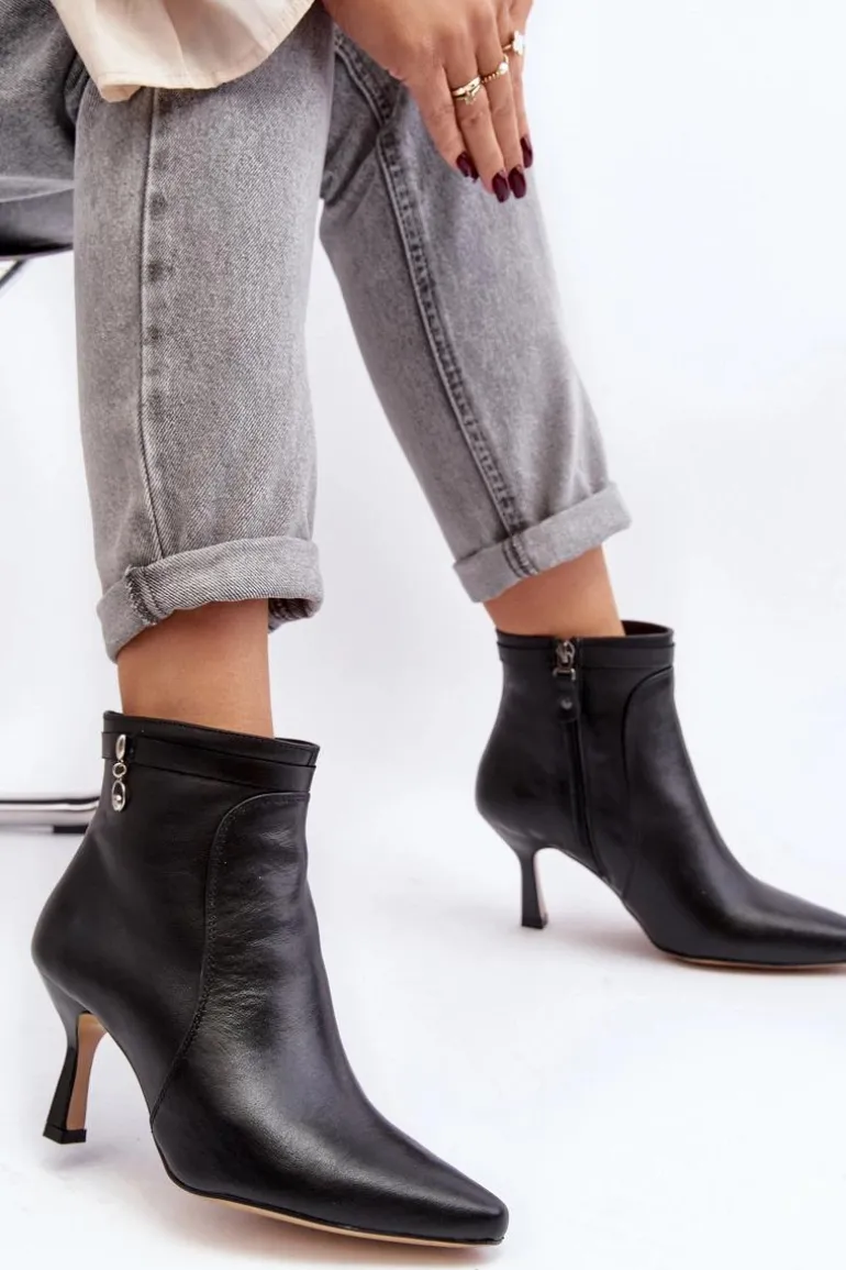 Skórzane Damskie Botki Na Szpilce Maciejka 06301-01 Czarne