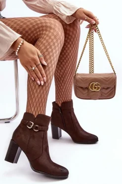 Skórzane Damskie Botki Na Słupku Z Klamrą Brązowe Lasima