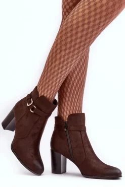 Skórzane Damskie Botki Na Słupku Z Klamrą Brązowe Lasima