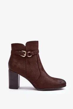 Skórzane Damskie Botki Na Słupku Z Klamrą Brązowe Lasima