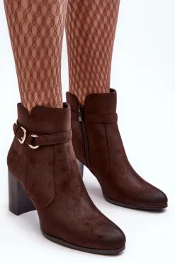 Skórzane Damskie Botki Na Słupku Z Klamrą Brązowe Lasima