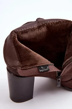 Skórzane Damskie Botki Na Słupku Z Klamrą Brązowe Lasima