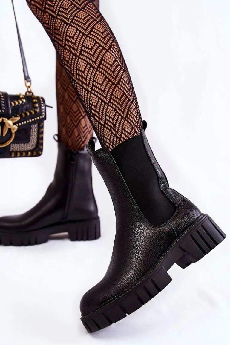 Skórzane Damskie Botki Na Platformie Czarne Bente