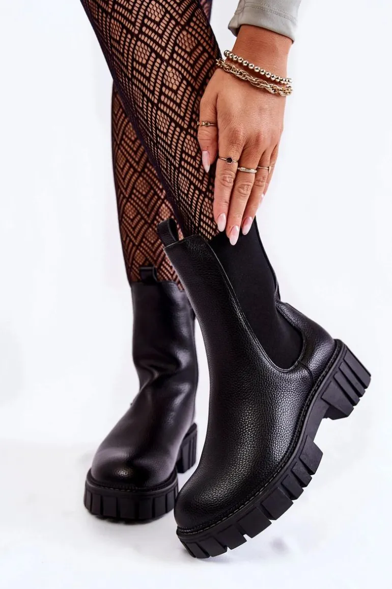 Skórzane Damskie Botki Na Platformie Czarne Bente