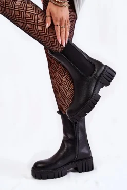 Skórzane Damskie Botki Na Platformie Czarne Bente