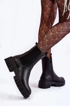 Skórzane Damskie Botki Na Platformie Czarne Bente