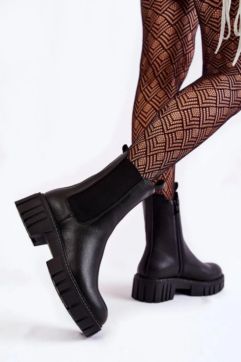 Skórzane Damskie Botki Na Platformie Czarne Bente