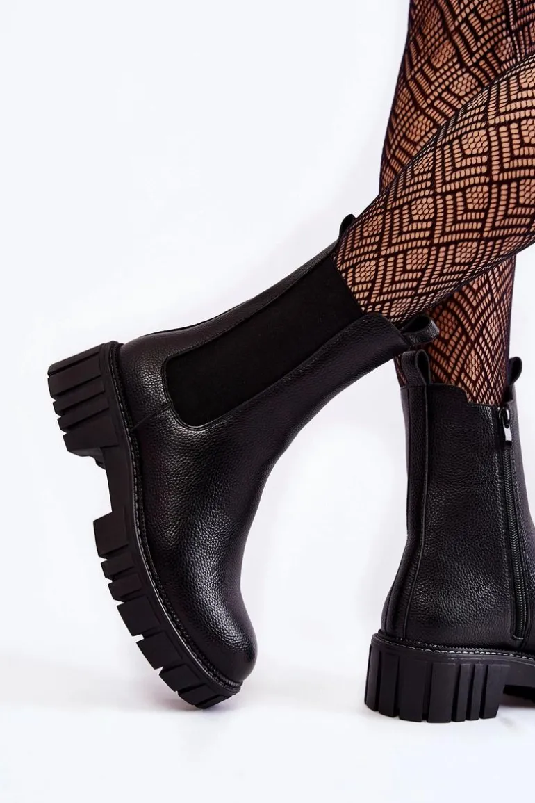 Skórzane Damskie Botki Na Platformie Czarne Bente