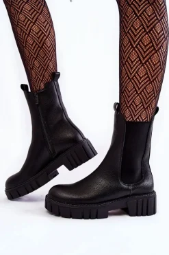 Skórzane Damskie Botki Na Platformie Czarne Bente