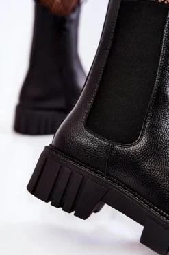 Skórzane Damskie Botki Na Platformie Czarne Bente