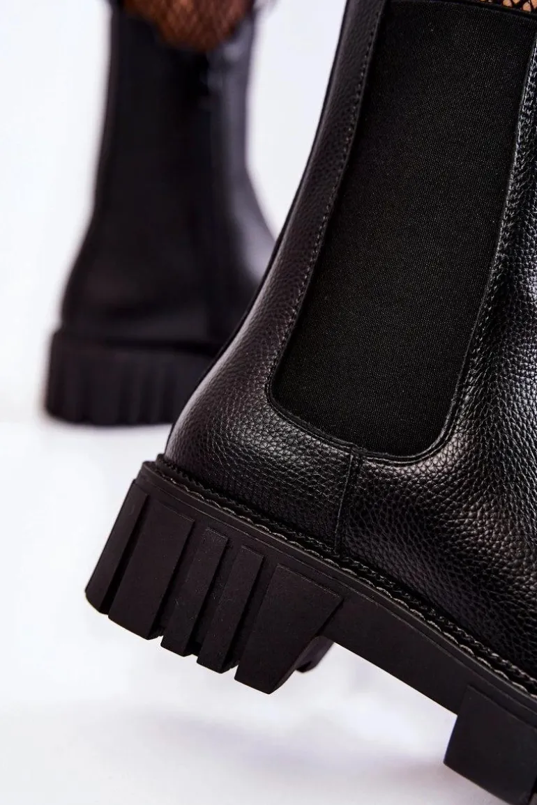 Skórzane Damskie Botki Na Platformie Czarne Bente