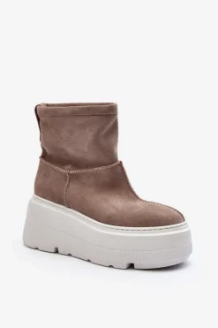 Skórzane Damskie Botki Na Masywnej Podeszwie Beżowe Zazoo 3424