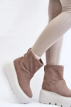 Skórzane Damskie Botki Na Masywnej Podeszwie Beżowe Zazoo 3424